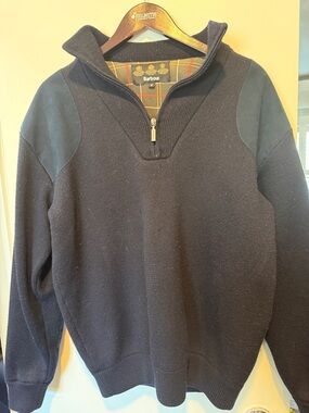 Barbour Navy Half-Zip Sweater with Suede Elbow Panels